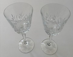 Pair of Vintage Cut Crystal Wine Glasses – Diamond & Leaf Pattern – Faceted Stem