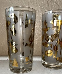 Lotus “Bon Appetite” Set Of 8 Glasses W/Carrier Fish Lobster MCM Vintage NOS
