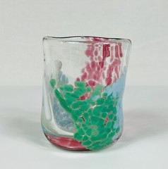 (1) Handblown Confetti Art Glass Blue/Red/Green Glass Short Uneven Tumbler