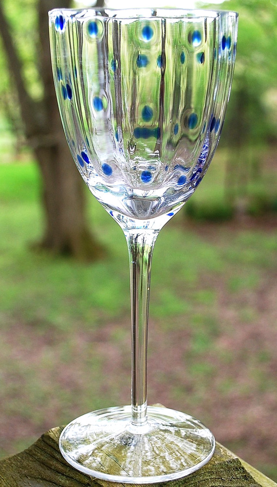 Vtg 8″ CLEAR WAVED OPTIC PANEL w BLUE POLKA DOTS WATER GOBLET GLASS Hand Blown