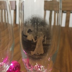 2 vintage engagement or wedding wine~champagne glasses w/etched cowboy and girl~