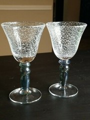 Forced Bubble Wine Goblets-Blue Green Iridescent Stem-Set of (2) 7 1/4″ Tall