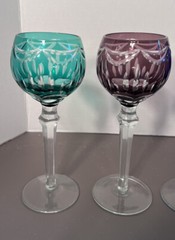 Four (4) Bohemian Cobalt Cut to Clear 8 3/8″ Wine Hock Glass / Goblet / Stem