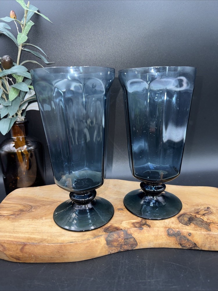 2 Vtg Lenox USA Antique Dark Blue Iced Tea Glasses 6-5/8″ Paneled Stem Footed