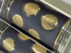 VTG 7 Libbey Hostess Glassware Black Gold Coins 15oz Cooler Tumbler Set w/ Box
