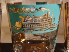 8 Libbey Steamboat Bar Glasses Gold & Blue 3.5 Inches Tall Southern Comfort