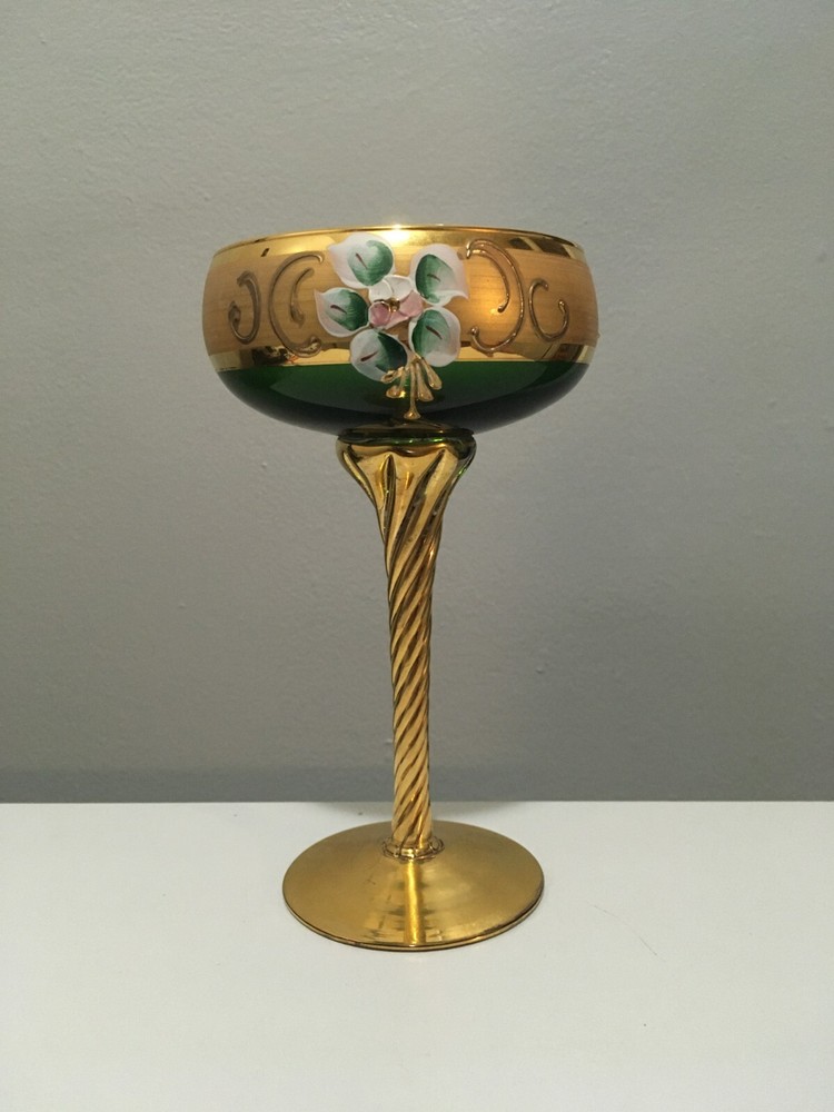 Antique Bohemian Moser Green Glass Wine Goblet Gold Glit Hand Painted Italy