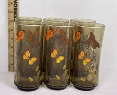 VTG Libbey Tawny Garden Party Tumblers Set of 10 Butterfly Wheat Amber Glass