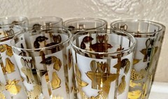 Lotus “Bon Appetite” Set Of 8 Glasses W/Carrier Fish Lobster MCM Vintage NOS