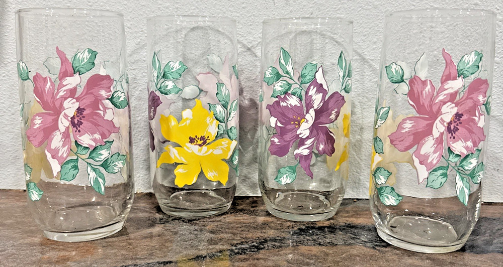 Rare VTG Libbey Floral Cooler Glass 16oz Pink Purple Yellow Floral 1970s/80s