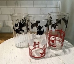 3 Vintage Misc. Scottish Terrier Dog Drinking Glasses, Federal, Anchor Hocking