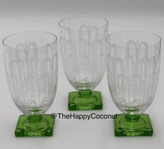 3 FOSTORIA FOUNTAIN GREEN DRINKING GLASSES GOBLETS GREEN SQUARE BASE 1920s RARE