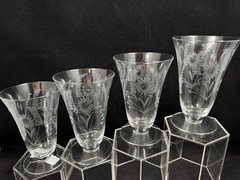 Crystal Footed Juice Glasses 5.5” Tall Cut Daisies Leaves And Fans (4) UNK19244