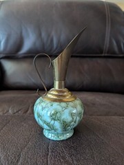 Vintage Delft Holland Brass and Marbled Robin Blue Hand Painted Pitcher Vase