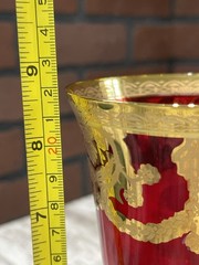 Art Decor Ruby Red Water Glass/Wine Goblet 24K Gold Made In Italy NEW Set Of 2