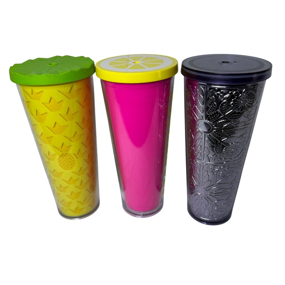 Lot 3 Starbucks Venti 24oz Tumbler Pineapple Lemon Pink Lavender Floral Cold Cup