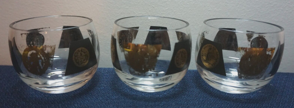 Vintage Cera 22k Gold & Black Coin Roly Poly Lowball Glasses; Set of 3