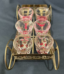 Vintage Culver Gold Tone Metal Shot Glass Caddy 8 Section Caddy W/6 Shot Glasses