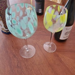 Yellow Green Wine Glasses Variety Set of 4 Mouth Blown Glasses 9 & 10 inches