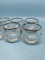 Set Of MCM Dorothy Thorpe Style Pitcher Decanter 6 Roly Poly Silver Trim Glasses