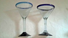 Cobalt Blue Rim Base Set Of 2 Tall Hand Blown Martini/Margarita Glasses Thick Gl