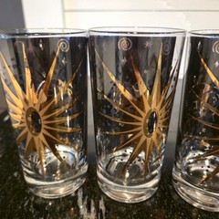 Vintage Fred Press Atomic Sunburst Glasses Black 22K Gold Barware Set MCM 6 cups