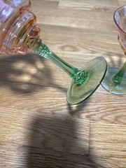 Set of Two Tiffin Pink Green Sherbet Wine Stems Watermelon Uranium Glass 5.25in