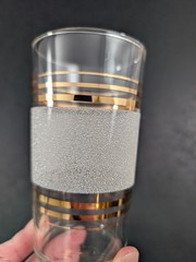 4 Vintage Frosted Gold Bands Tumblers Juice Glasses MCM Retro Barware 4.75″ T