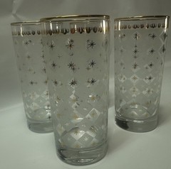 4 Vintage MCM Starburst & Diamond Pattern Clear White Gold Highball Tumblers 6”