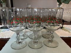 Vtg Libbey Christmas Holly Berry Ribbon Gold Rim Wine Glass Goblets Set Of 6