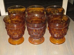 6 Vtg Indiana Glass Amber Whitehall Cubist Footed Drinking Glasses 3.3/4