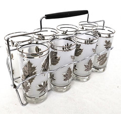 Vintage Set of 8 Libbey Gold Leaf Frosted Tumbler Glasses in Metal Caddy MCM