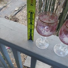 Six 6 Purple Cranberry Engraved Floral Cut to Clear Wine Glasses Goblets Vintage