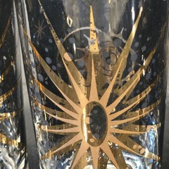Vintage Fred Press Atomic Sunburst Glasses Black 22K Gold Barware Set MCM 6 cups