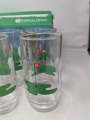 8 Pc Indiana Glass 19th Hole Golf 16 Oz Highball Glasses w/Box Vintage Tumbler