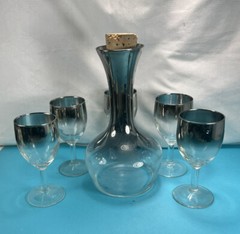 Vintage 1950s Mid Century Modern Wine Decanter & 5 Glasses Silver Lusterware