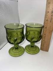 VTG Set of 3 Indiana Glass Kings Crown Green Thumbprint Wine Goblets Glasses