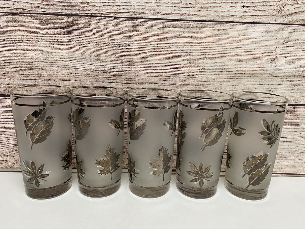 Libbey Silver Foliage Tumblers 5 1/2″ Set of 5 Vintage EUC