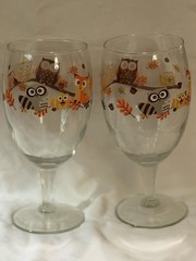 Libbey Autumn Owls And Friends 2 Drinking Glasses Goblets Woodland Animal
