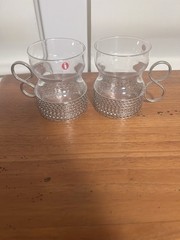 Littala Finland Tsaikka Tea Glasses, Silver Metal Holders Timo Sarpaneva Mid-Cen