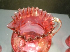 Antique Cranberry Optic Coin Dot Glass Ruffled Pitcher Set (1890’s) Good – Excel