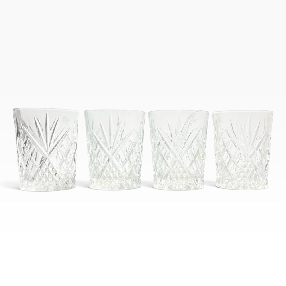 Vintage 4 Crystal Cocktail Old Fashioned Tumbler Glasses 4” 10oz Fan & X Cuts