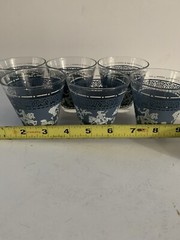 MCM Hazel Atlas Glasses Double Shot Set Of 6 Arabian Knights Wedgwood Blue White