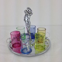 Art Deco 1920’s Farberware Semi Nude Egyptian Lady on Chrome Caddy w 6 Glasses