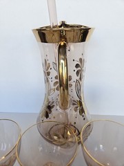 ✨ MCM Bohemian Czech Blush Glass Gold Enamel Cordial Set Pitcher + 4 🍸