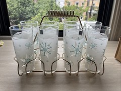 Anchor Hocking Atomic Snowflake 8 Glasses Set w/Caddy Teal Frost Tom Collins MCM