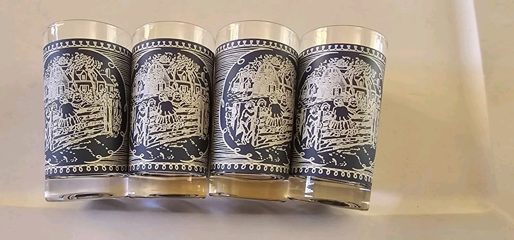 Vintage Currier & Ives Blue and White Tumblers 8 Oz Old Farm Gate – Set of 4…