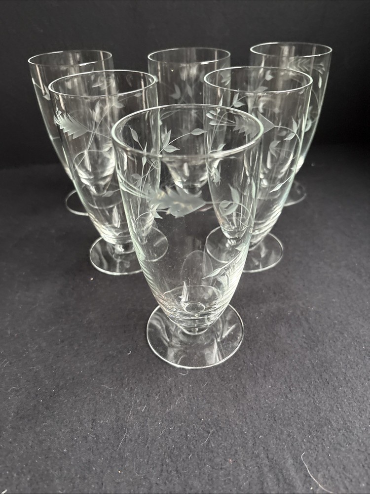 6 Vintage Sevron Moonglow Crystal Footed Iced Tea Glasses Tumblers