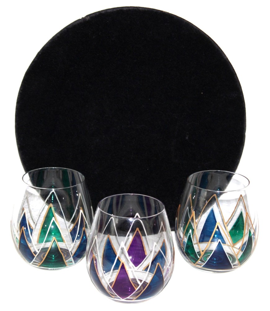 Mindy Sand Wine Glass Stemless Blue Green Purple Enamel Signed 2021 – SET 3