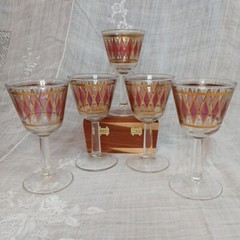 5 West Virginia Rainier MCM Wine/Sherry Glasses Cranberry Red & Gold 22k VTG 60s